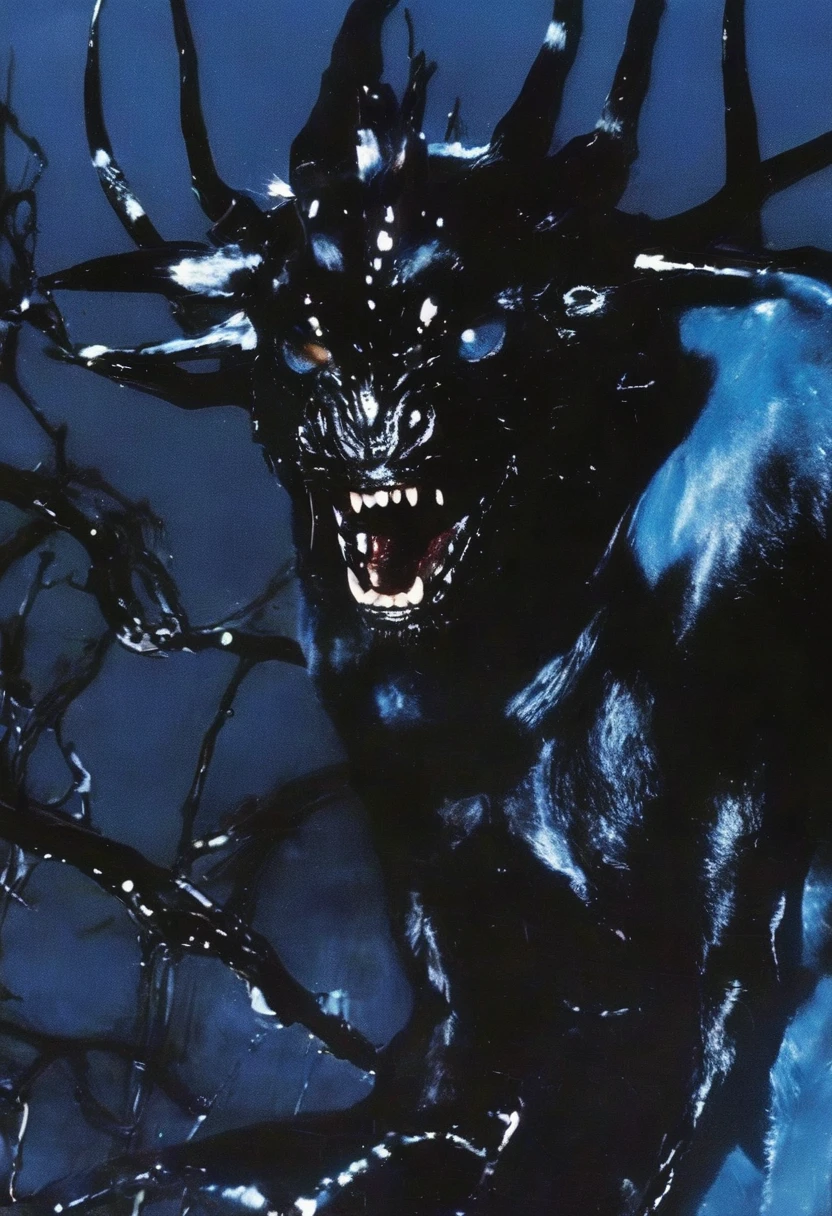 fashion shoot of horror monster in darkness, blue background