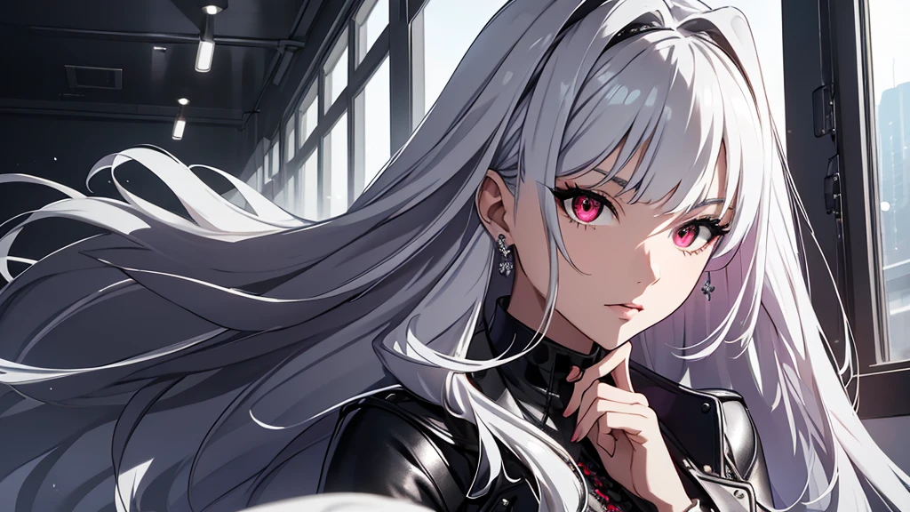 CG, unity, 8k, wallpaper, highest quality, masterpiece, Beautiful woman, long silver hair, white skin, BREAK, black leather coat, black leather skirt, black collar-shirt best lighting, complex pupils, complex textile, realistic skin texture, A clean room based on white, lie down on the sofa, There's a window behind her and it's open, blue sky beyond the window, refreshing morning, focus on face, red light eyes, peach colored eyes, diamond lace, jewerly with black violet and white diamonds, very stylish cool designed outfit, high fashion journal photo session, girl is top model, photo session of famous top model
(((Light-Red left eye))) (((light-gray right eye)))
(((Heterochromia)))