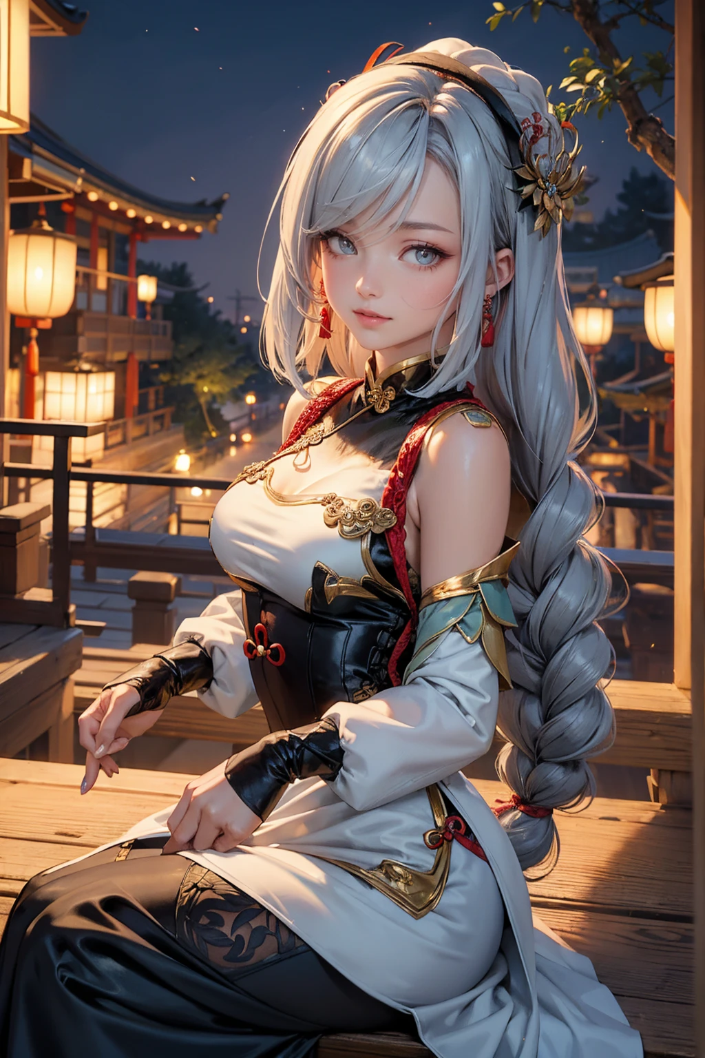 Shenhe_(genshin impact), blue roses, ornament hair, chinese hairpin, blue roses on her hair, maid, maid dress, maid headdress, maid apron, braided hair, white hair, long hair, seat on a grass, chinese festival, Chinese dress, gold lantern, white dress, more details on her clothes, golden details, night, smiling, coat, temple, shrine outside, fireworks,