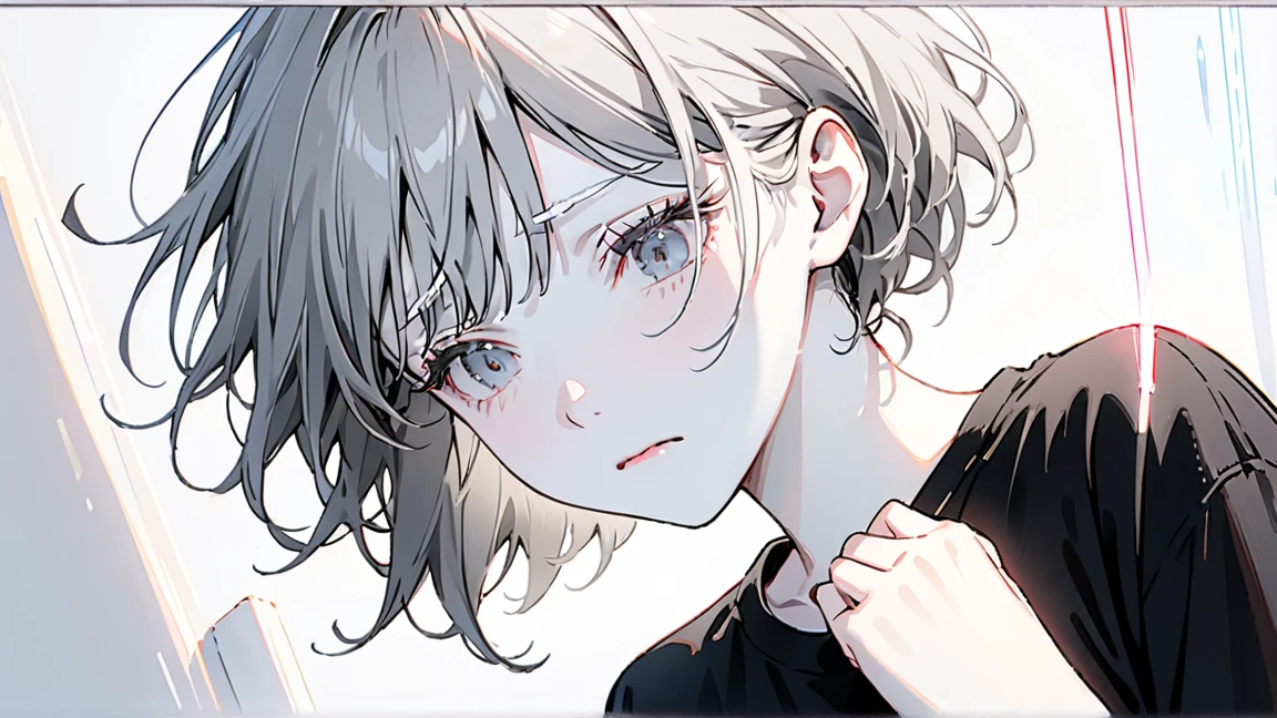 masterpiece, Highest quality, ((Pure white background)), Stubborn, Slim albino woman, Gray Hair, White eyelashes, White eyebrows, Cold Face, White skin, Black T-shirt, Sad expression, Lighting Effects, soft, very clearly, High-resolution images, (front)