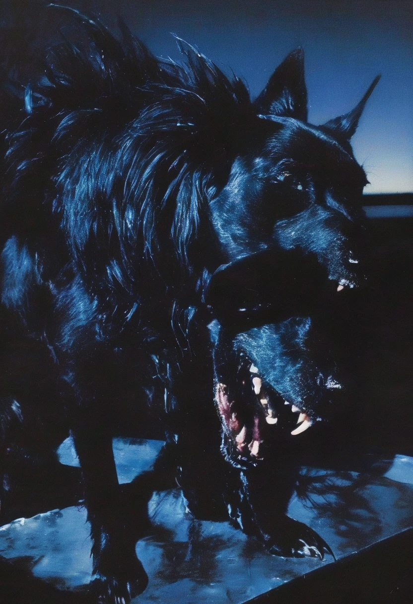 lovecraftian dog in darkness at night, blue background