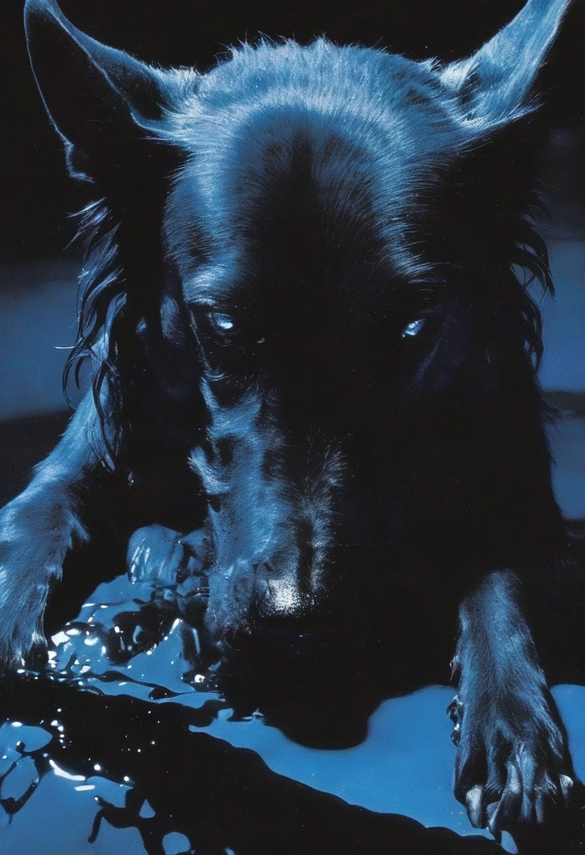 lovecraftian dog in darkness at night, blue background