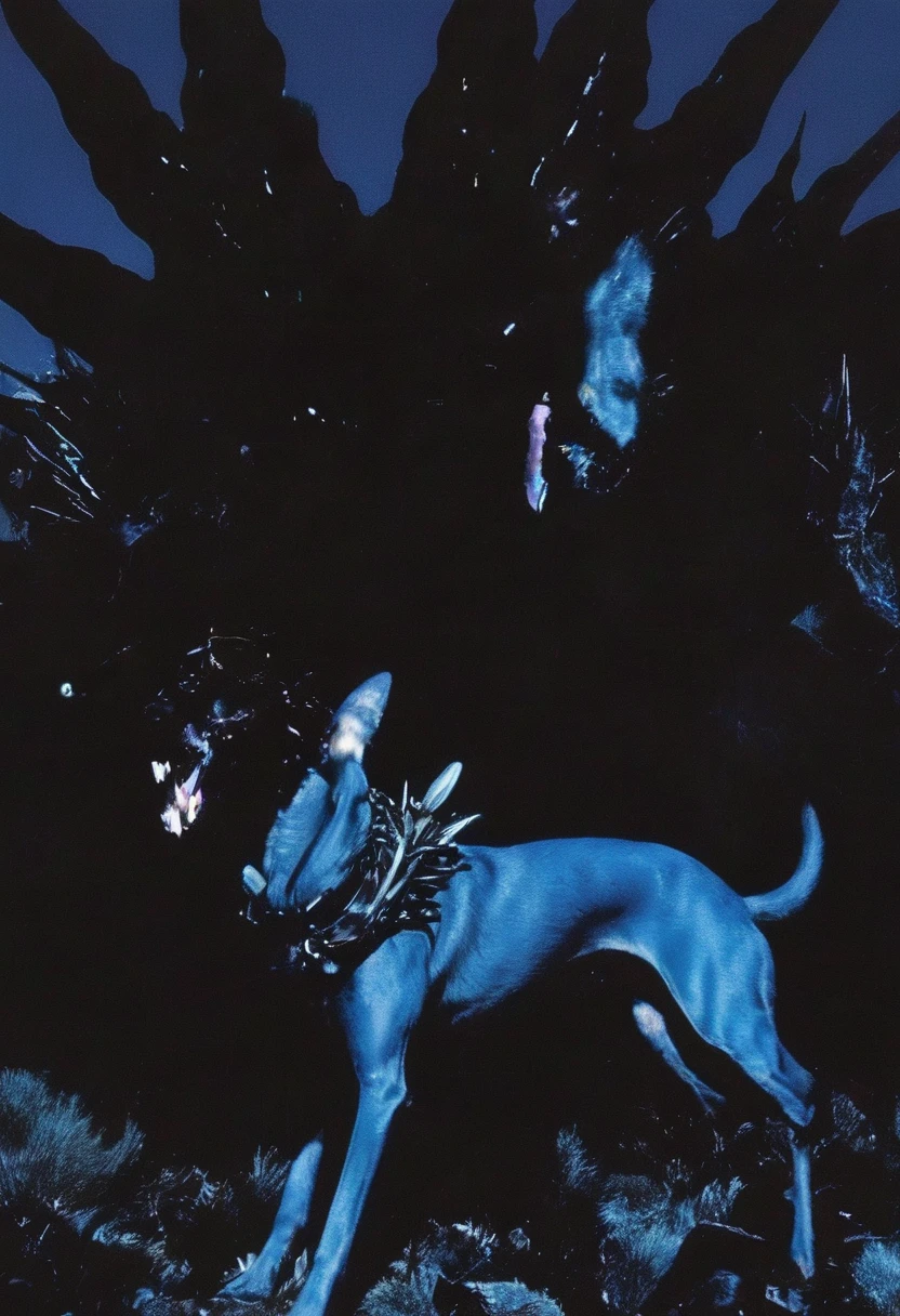 lovecraftian dog in darkness at night, blue background