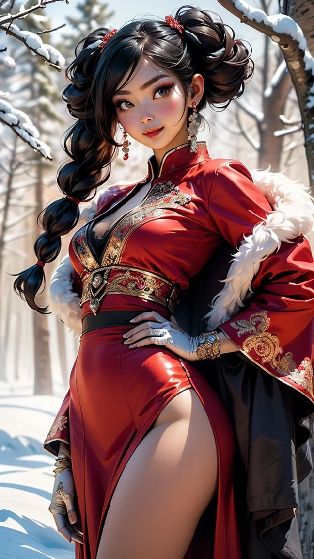 Cute Japanese elf woman,
(((flat chest))),((((black hair:1.35,twintails braids hair,colored inner hair,ear breathing)))),(((red_eyes:1.3))),intricate eyes,beautiful detailed eyes,symmetrical eyes,big eyes:1.5,(((lustrous skin:1.5,bright skin: 1.5,skin tanned,shiny skin,very shiny skin,shiny body,plastic glitter skin,exaggerated shiny skin,illuminated skin))),(detailed body,(detailed face)),
cute,slutty,erotic,daring,nsfw,
zettai ryouiki,revealing clothing,show skin,(((Sexy red fur coat, red fur coat outfit, wearing a red fur coat:1.3,red winter coat))), ((red mini-skirt,red mini skirt with furry edge,visible thong straps)),((underpants strap)),(white gloves,red clothes,semi-naked,with little red clothing,(((furry edge clothing)))),(((intricate outfit,intricate clothes,embroidered outfit,ornate outfit,embroidered clothes,ornate clothes))),
(dynamic pose:1.0),embarrassed,(centered,scale to fit dimensions,Rule of thirds),
((snowy pine forest)),winter,scenery:1.25,((intricate scenery)),((snow forest background)),
(Glossy winter ornaments),highres,sharp focus,(ultra detailed,extremely detailed),(photorealistic artwork:1.37),(extremely detailed CG unity 8k wallpaper),(((vibrant colors,vibrant theme))),(intricate),(masterpiece),(best quality),artistic photography,(photography taken by sldr),(intricate background),perfect rendered face,perfect face details,realistic face,photo realistic,analog style,((intricate detail)),(((realism))),