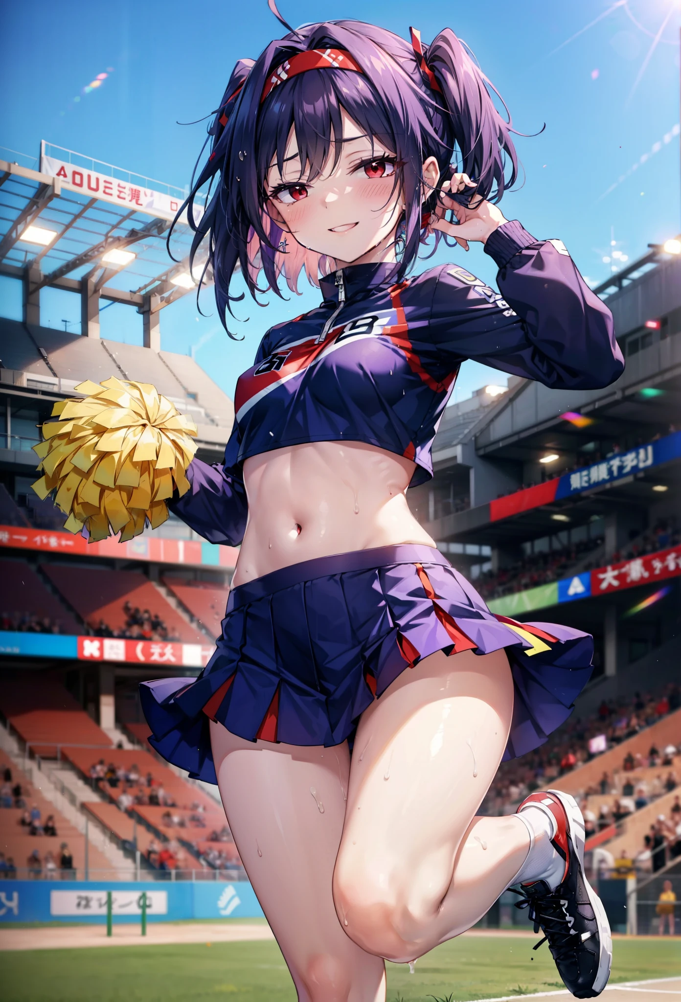 yuukikonno, yuuki konno, hair band, Long Hair, Pointed Ears, Purple Hair, (Red eyes:1.5), (Small breasts:1.2), Open your mouth wide,(Very delicate eyes), (cheer leading), (whole body),smile,blush,Lower, (Sweaty), Sweaty Wet Clothes, (Purple clothes), Pleated skirt,Black socks,sneakers,Belly-baring support, playground, (Jump), (Jump), 足を曲げてJumpする, air, blue sky, Grass原, smile,Cheerleader, Pom-pom \(cheer leading\), Grass, smile,
break looking at viewer, whole body,(Cowboy Shot:1. 5) ,
break outdoors, Stadium,crowd, people々々,
break (masterpiece:1.2), Highest quality, High resolution, unity 8k wallpaper, (figure:0.8), (Beautiful attention to detail:1.6), Highly detailed face, Perfect lighting, Highly detailed CG, (Perfect hands, Perfect Anatomy),