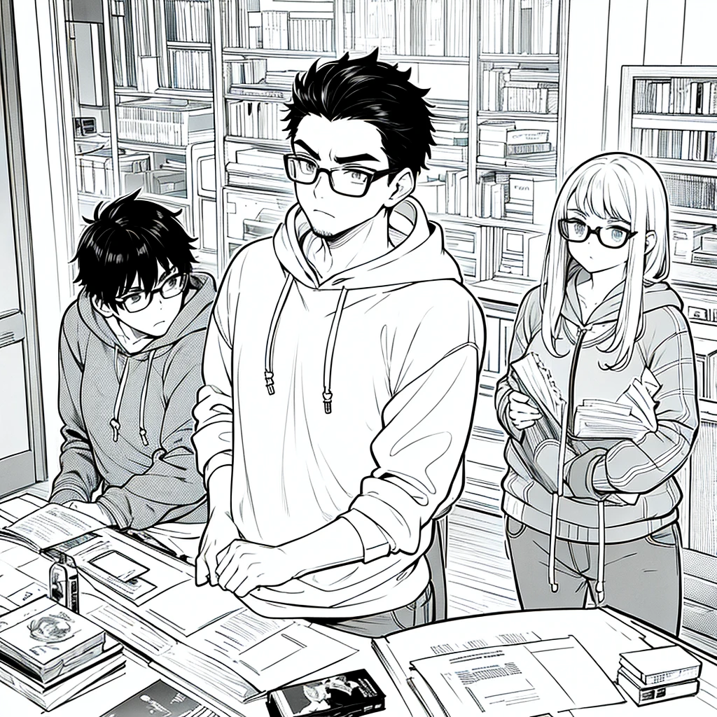 masterpiece, best quality, glasses, man, Serious look, casual hoodie, boy