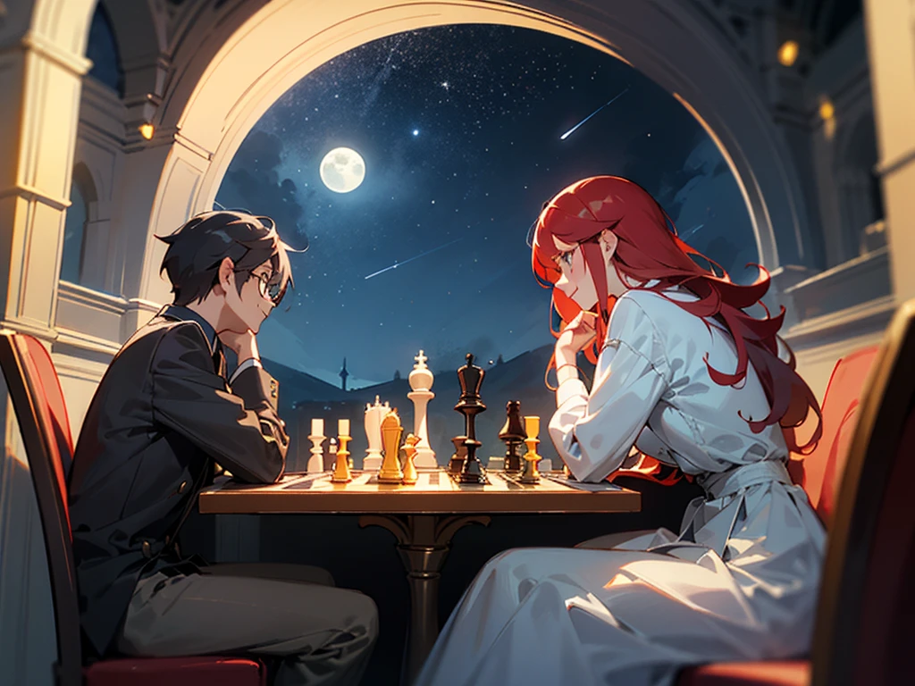 A red-haired woman and a man with glasses are playing chess in a fantastical place under the starry sky　The moon is visible, and everyone looks happy, but there is also a slightly sad atmosphere.


