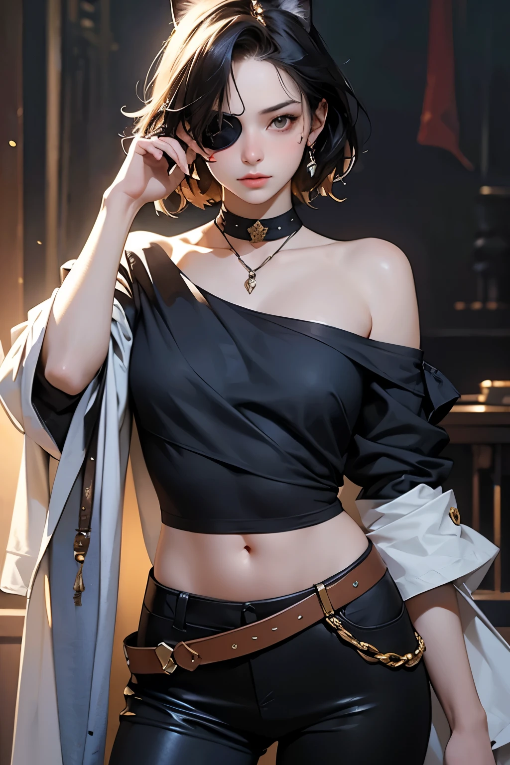(Sargent-style watercolor)、(Highest quality、masterpiece)、(Realistic:1.4), RAW Photos, 1 Girl, (Cover one eye with an eyepatch:1.2)、A captivating female captain、Off the shoulder,Cat ear、Sexy Looks, short hair、Pirate ship captain&#39;s quarters、 In the Dark, Deep Shadow, Cold Light、Blur the background