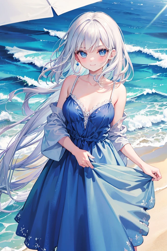 Silver Hair Medium Hair Light blue eyebrows Dark blue eyes Red dress blue sea White sand beach Light of the sun smile