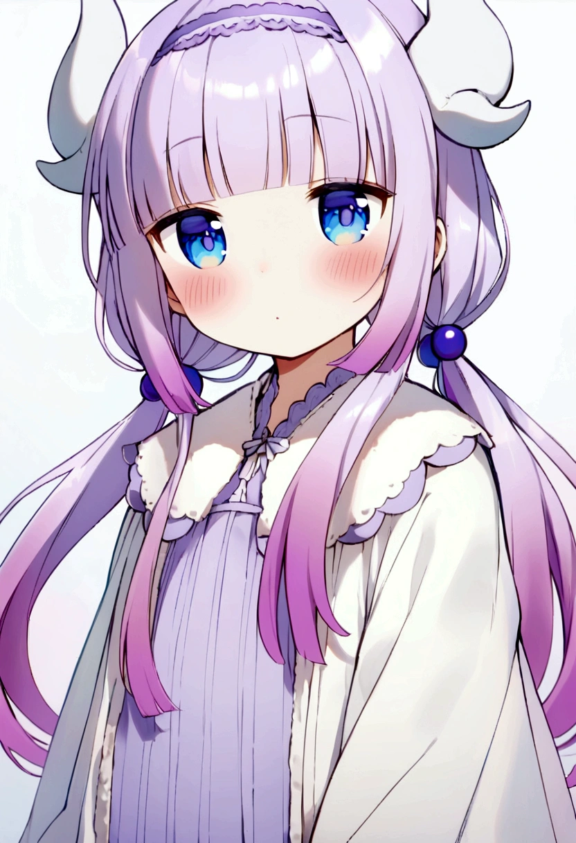 {kanna_kamui_kobayashisanchinomaidragon:1.15}, long_hair, light_purple_hair, blue_eyes, hair_ornament, bangs, blush, multicolored_hair, twintails, blunt_bangs, hair_beads, beads, hairband, gradient_hair, low_twintails, horns, dragon_horns, purple_hair,kawaii