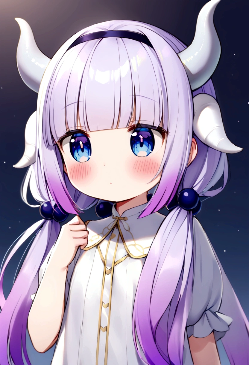  {kanna_kamui_kobayashisanchinomaidragon:1.15}, long_hair, light_purple_hair, blue_eyes, hair_ornament, bangs, blush, multicolored_hair, twintails, blunt_bangs, hair_beads, beads, hairband, gradient_hair, low_twintails, horns, dragon_horns, purple_hair,kawaii