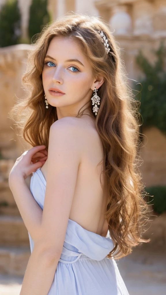 Beautiful girl, blue eyes, long curly white hair, detailed facial traits, beautiful earrings, white open greek female dress, naked breasts, ancient greek buildings behind, sexy pose