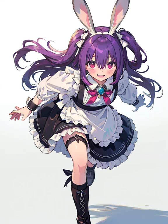 photo realistic, (masterpiece,best quality:1.4),(8k,raw photo,photo realistic:1.2), detailed skin, detailed face, (Alice in Wonderland), cute face, , , , 12-yo, Not Safe for Work, (raw photo, photo realistic: 1.2), 
length hair, Red eyes, happy, (purple hair), (two side up), (shiny wavy hair),  doress, the bow, wonderland, flustered, gothic dresses, crinoline, (Very big rabbit ears, shairband), longsleeves, a smile, red blush, the bow hair, White Doress, Alice (Alice in Wonderland), Hair Between Eyes, Black Panties Hose, Puffy Sleeves, Bangss, Apron Dress, longsleeves, very long hair, frilld, white gothic dresses, purple hem dress, wrist cuffs, neck ribbon, ((brooch)), arm garter, anklet, gloves, feather ornament, buckle, ankle boots,  masterpiece, top-quality, not safe for work, , , 12 yo, (((girly running))),
feathers, simple background,