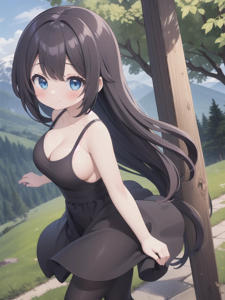 master-piece, bestquality, 1girls,, View viewers from the side, HD, slight smile, big tits, cleavage, tights cloth, , tiny body, lied, outdoor, mountain,