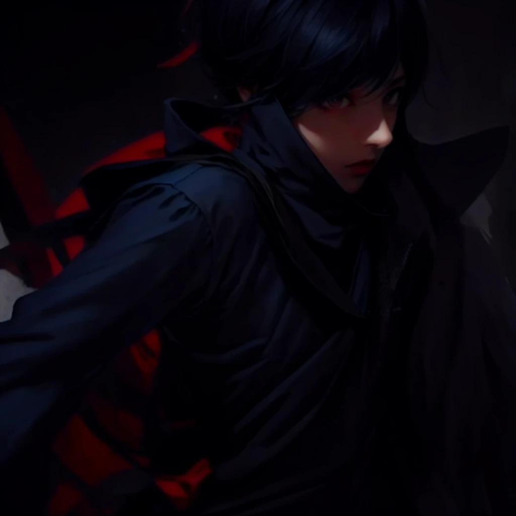 blue，housekeeper，Dark，loyal，male，short hair，juvenile，red eyes，blueshort hair，Dark blue suit，Alone，bow，look up