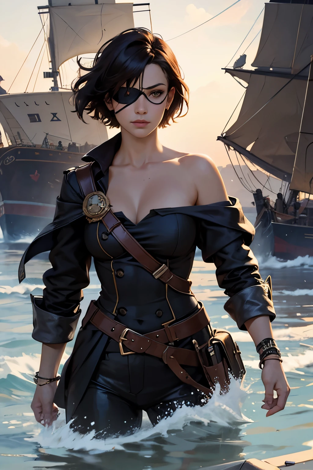 (Sargent-style watercolor)、(Highest quality、masterpiece)、(Realistic:1.4), RAW Photos, 1 Girl, (Cover one eye with an eyepatch:1.2)、A captivating female captain、Off the shoulder,Cat ear、Sexy Looks, short hair、Pirate ship captain's quarters、 In the Dark, Deep Shadow, Cold Light、Blur the background