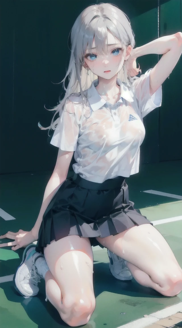 absurd, masterpiece, best quality, realistic, hyper-detailed, (shiny skin, sweaty:1.4), slender, looking at viewer, 1girl, solo, tennis wear, white polo shirt, white sneakers, white miniskirt, long hair, silver hair, blue eyes, (thick thighs:0.5), dynamic lighting, high resolution, sharp focus, depth of field, small breasts, nipples, see-through clothes