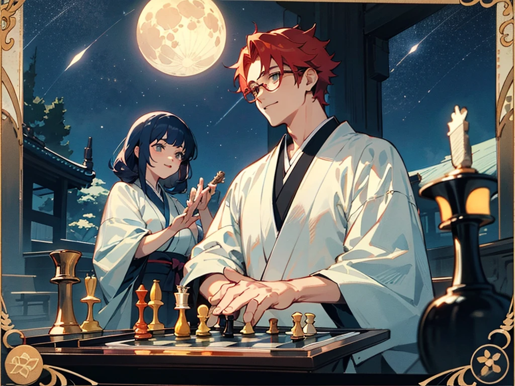 A red-haired woman and a man with glasses are playing chess in a fantastical place under the starry sky　The moon is visible. A happy but slightly sad atmosphere. Japanese anime style. Late 20s.



