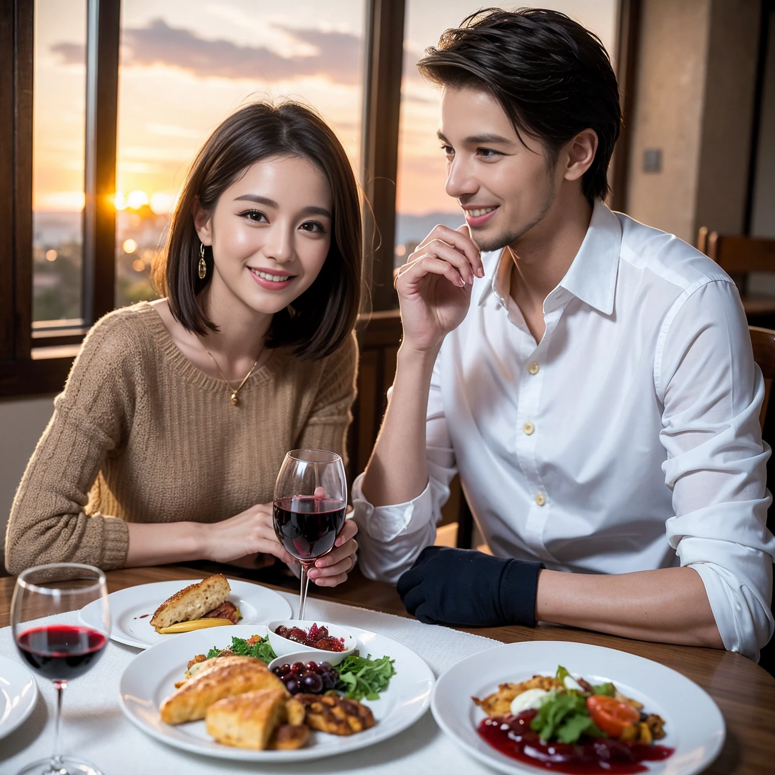 ((Highest quality、8k、masterpiece:1.3))、 (Genuineistic, Genuine、Bright image、Intricate details:1.2), 最高のsmile、1 male, 1 female、Beautiful couple、lover、Relatives and friends、A good friend、actress couple、smile、A full-course dinner with a full table、 (Slim face), (the body is slim), (Brown Hair), (short hair), テーブルのwine glass、Please shine a light on my face、 Amazing view of the sunset sky and clouds、 (33 years old)38 years old, red wine 、Appetizers、Wine bottle、sparkling wine、Long sleeve shirt、dress、White wine, red wine, wine glass,