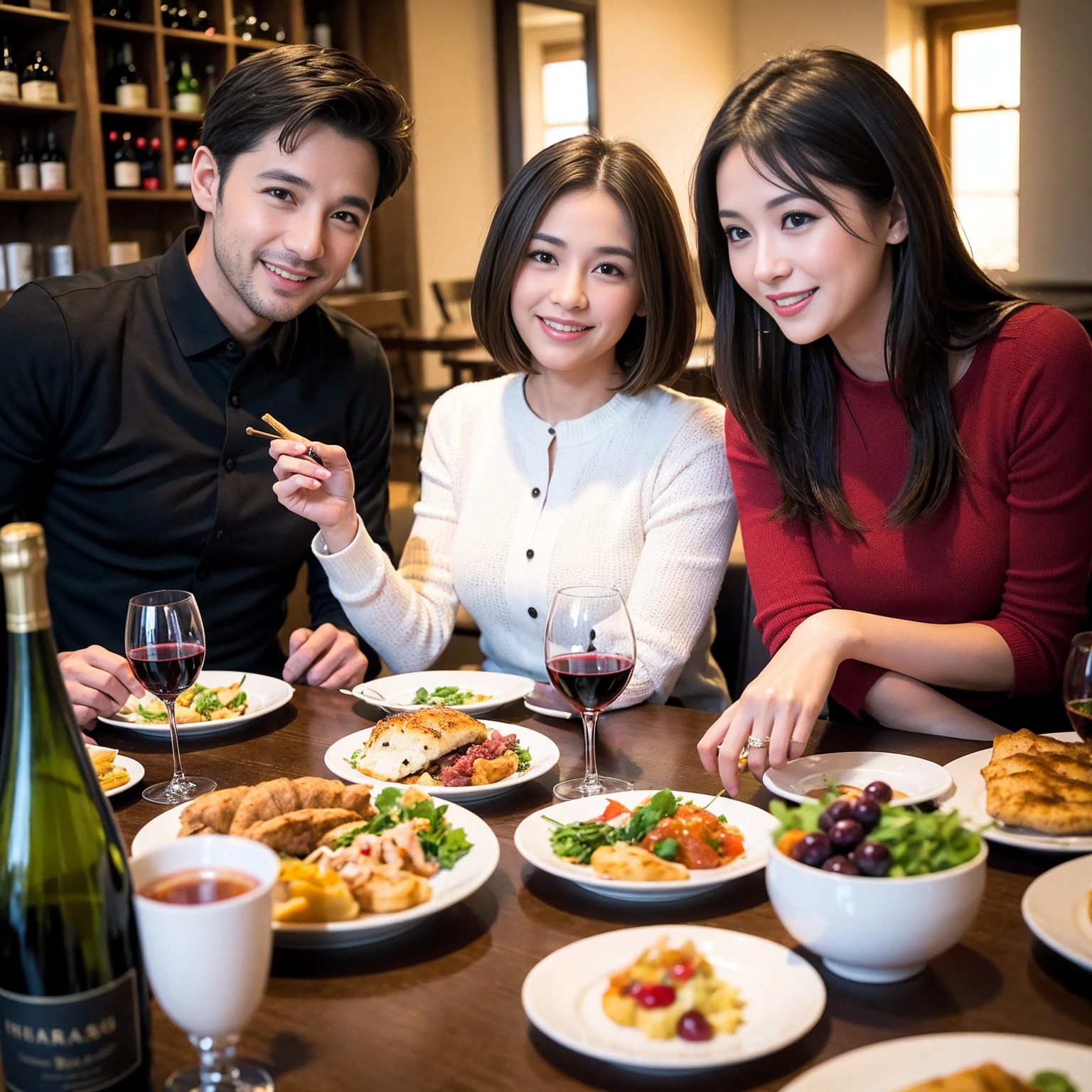 ((Highest quality、8k、masterpiece:1.3))、 (Genuineistic, Genuine、Bright image、Intricate details:1.2), 最高のsmile、1 male, 1 female、Beautiful couple、lover、Relatives and friends、A good friend、actress couple、smile、A full-course dinner with a full table、 (Slim face), (the body is slim), (Brown Hair), (short hair), テーブルのwine glass、Please shine a light on my face、 Amazing view of the sunset sky and clouds、 (33 years old)38 years old, red wine 、Appetizers、Wine bottle、sparkling wine、Long sleeve shirt、dress、White wine, red wine, wine glass,
