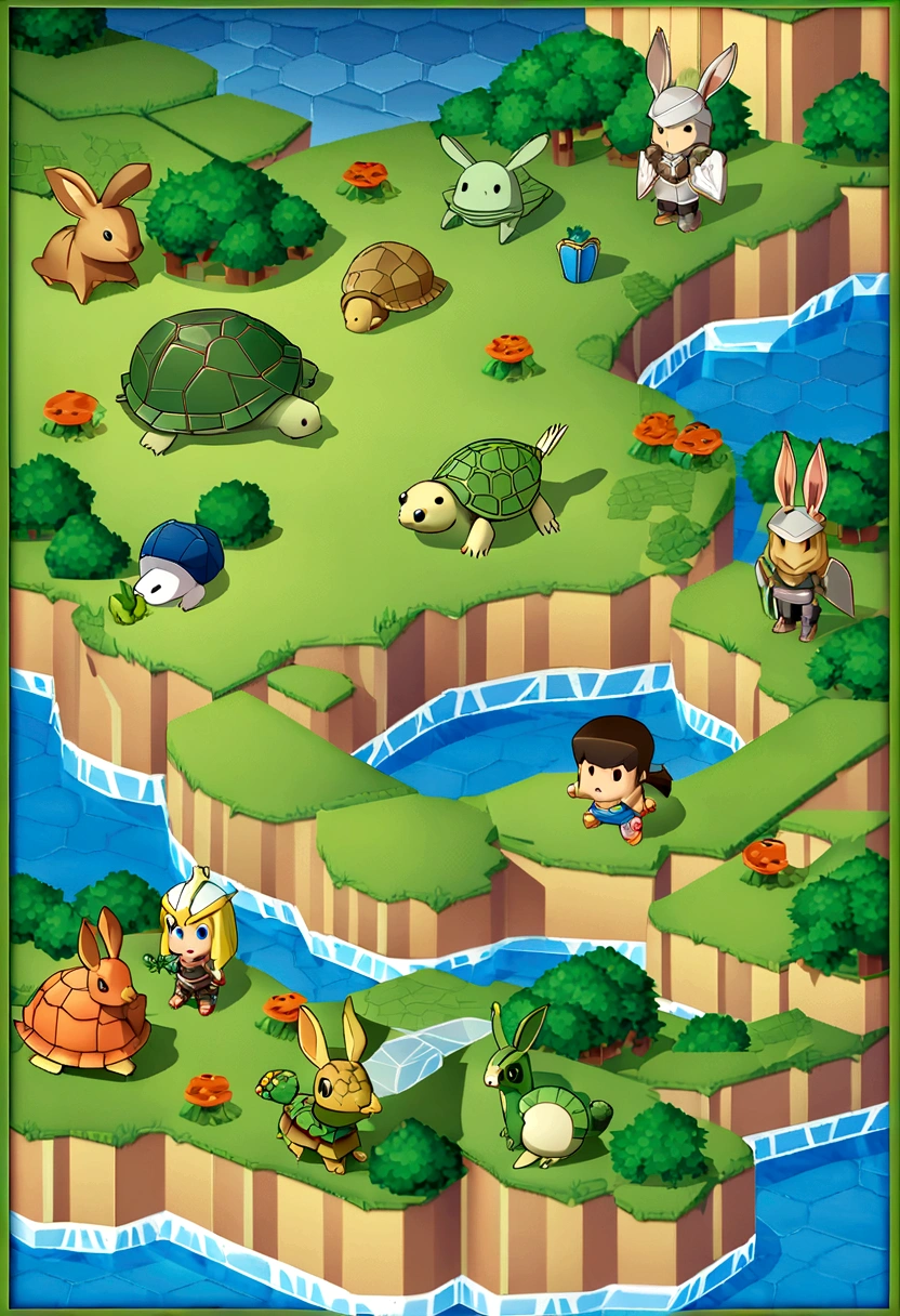 There is a cartoon turtle and rabbit playing with a carrot, Anthropomorphic turtle hero, Rabbit warrior, Snail vs Knight, Snail vs Knight, Isometric 3D Fantasy Turtle, mobile Game Art, bunny with helmet and sword, game illustration, fighting turtle, stylized Game Art, Anthropomorphic turtle, detailed Game Art illustration, Collectible Card Art, Game Art