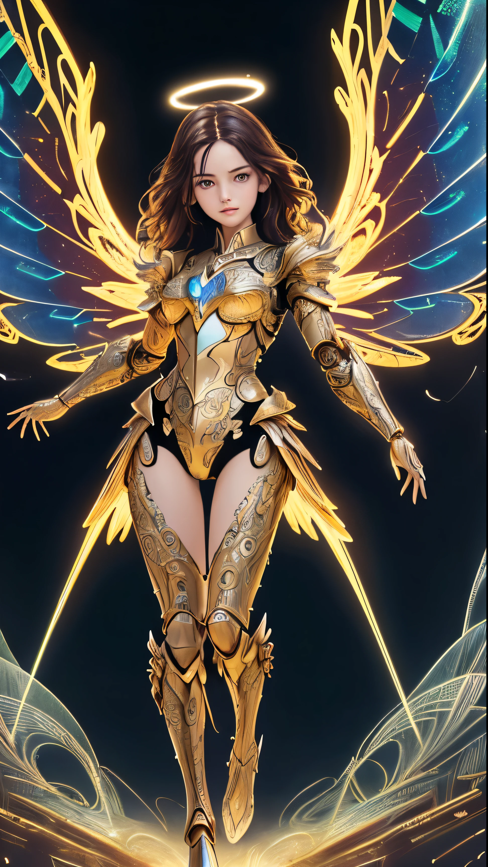 (best quality, masterpiece, colorful, dynamic angle, highest detailed)upper body photo, full body photo, fashion photography of cute mechangel, glowing 4 wings, solo, glowing armor, glowing halo, building, glowing mechanical 4 wings (intricate details, hyperdetailed:1.15), detailed, light passing through hair, dark colored hair, (official art, extreme detailed, highest detailed), HDR+