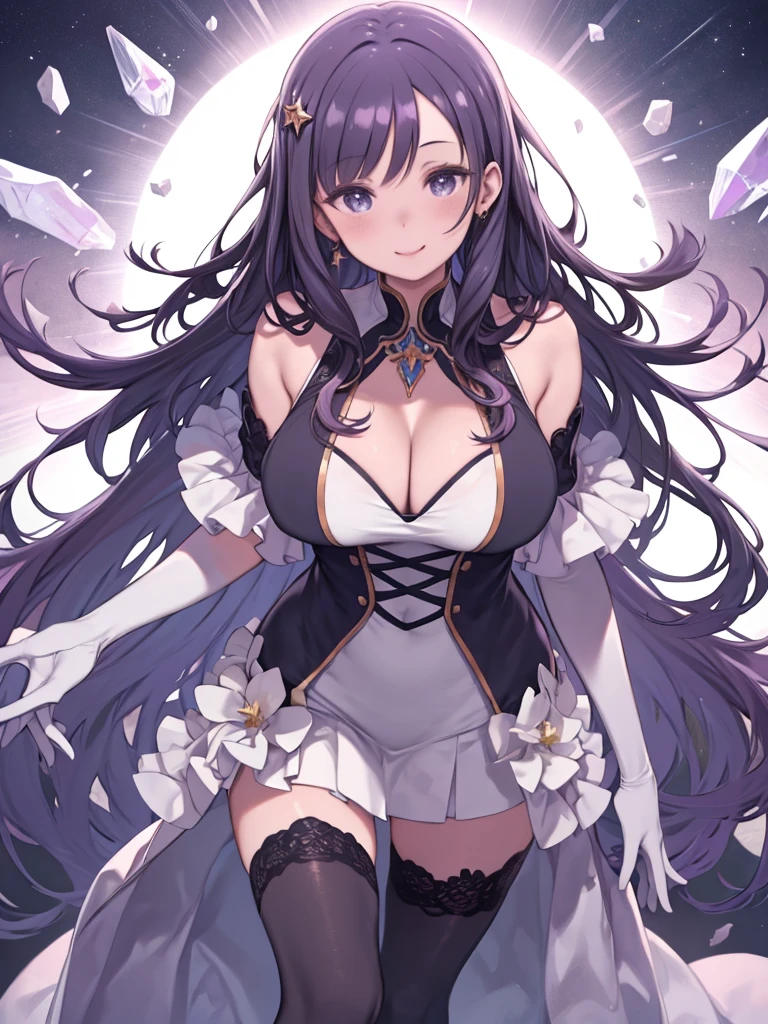 One Mature Woman、Purple long hair、Wavy Hair、((Big Breasts))、Cleavage、Empty chest、Cleavage、White Dress、Fluttering skirt、White gloves、White arm covers、With a large crystal ball、smile、Black Stockings、Star-shaped hair ornament、