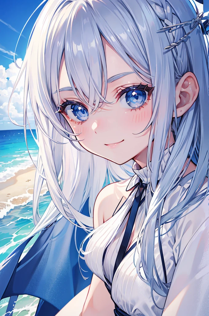 Silver Hair Medium Hair Light blue eyebrows Dark blue eyes Red dress blue sea White sand beach Light of the sun smile