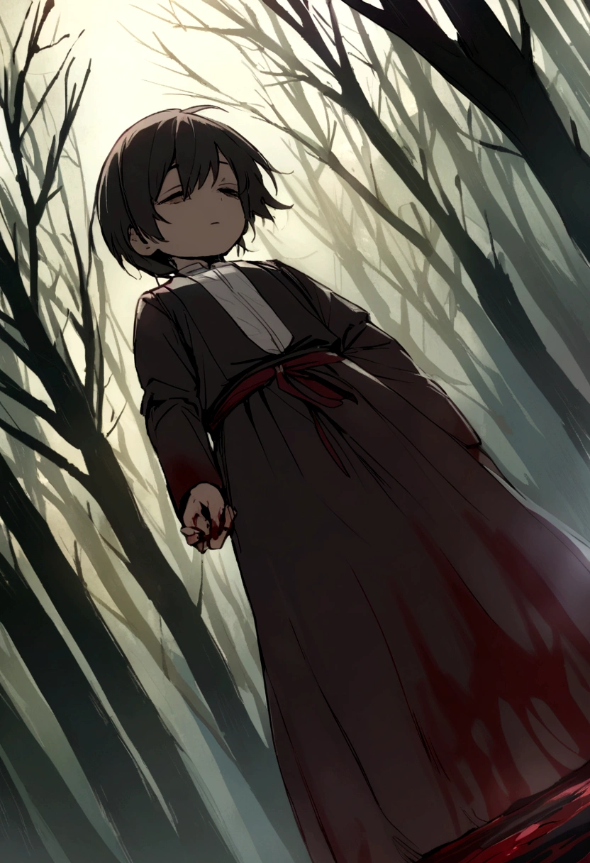 Can you make a dead man lying on willows tainted with blood while a kid holding his hand?