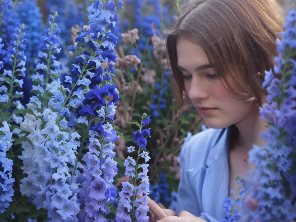 A young guy stands among delphiniums.