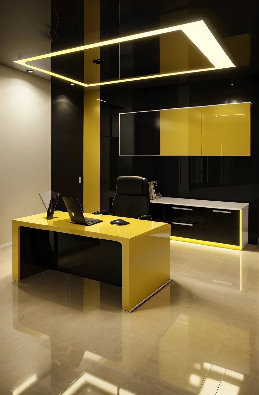 Professional 3d architecture rendering design of modern and French design for  office with black and light yellow color and black and light yellow color for floor 