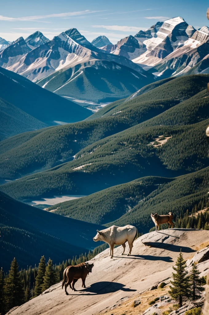 A bull and a wolf contemplating the view of the rocky mountains