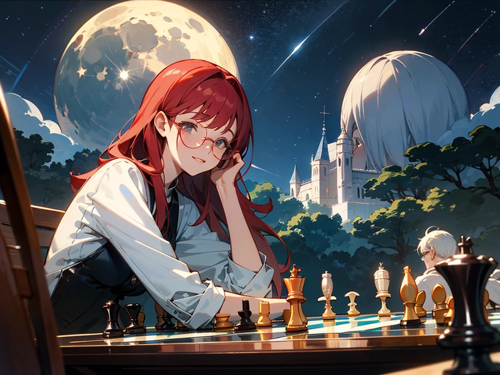 A red-haired woman and a man with glasses are playing chess in a fantastical place under the starry sky　The moon is visible. She looks happy, but has a slightly sad air about her. Late 20s.


