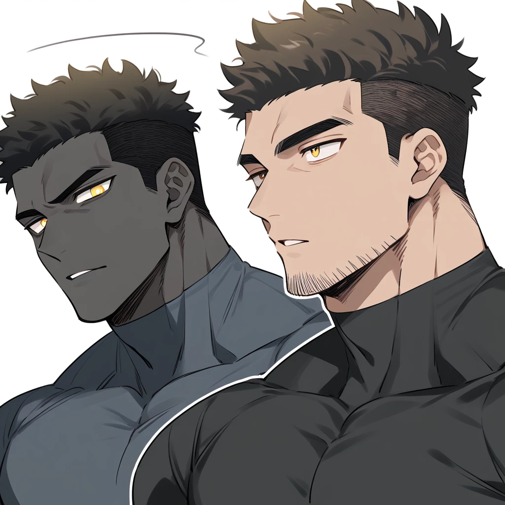 one negro, anime characters：Hibino Kafka, One Muscle Sports Student, negro black skin, Very Black, muscular tough guy, Manliness, male focus, Grey long sleeve turtleneck tight t-shirt, Regular symmetrical pattern, Very tight, muscular male, muscular, only, Upper body, alone, Black short hair, Thick eyebrows, stubble, Yellow eyes, White background, simple background, amazing quality, best aesthetics, Ridiculous, bright pupils, crew cut, parted lips, v-shaped eyebrows, jitome, best quality