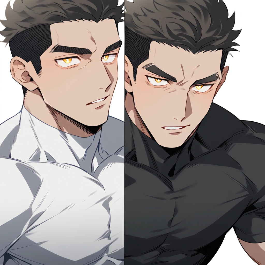 one negro, anime characters：Hibino Kafka, One Muscle Sports Student, negro black skin, Very Black, muscular tough guy, Manliness, male focus, Grey long sleeve turtleneck tight t-shirt, Regular symmetrical pattern, Very tight, muscular male, muscular, only, Upper body, alone, Black short hair, Thick eyebrows, stubble, Yellow eyes, White background, simple background, amazing quality, best aesthetics, Ridiculous, bright pupils, crew cut, parted lips, v-shaped eyebrows, jitome, best quality