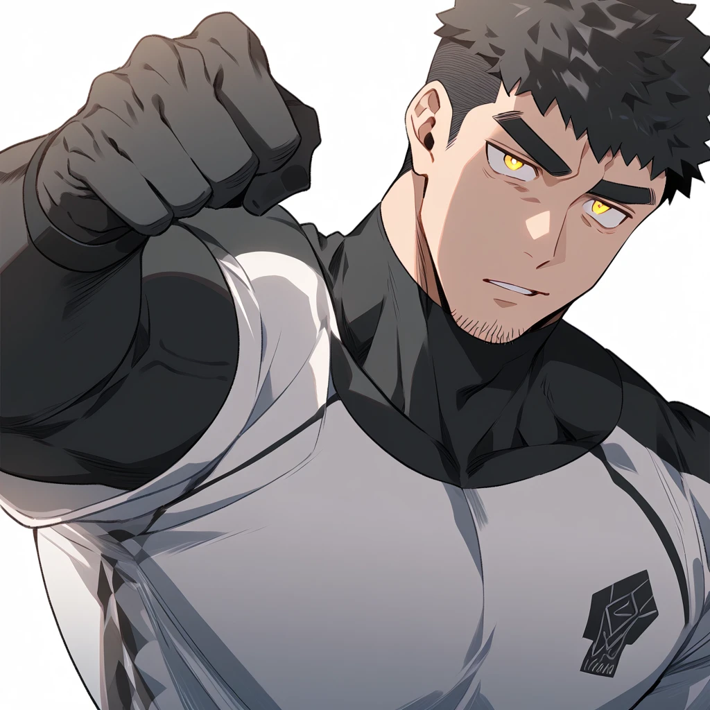 one negro, anime characters：Hibino Kafka, One Muscle Sports Student, ????? black skin, Very Black, muscular tough guy, Manliness, male focus, Grey long sleeve turtleneck tight t-shirt, Regular symmetrical pattern, Very tight, muscular male, muscular, only, Upper body, alone, Black short hair, Thick eyebrows, stubble, Yellow eyes, White background, simple background, amazing quality, best aesthetics, Ridiculous, bright pupils, crew cut, parted lips, v-shaped eyebrows, jitome, best quality