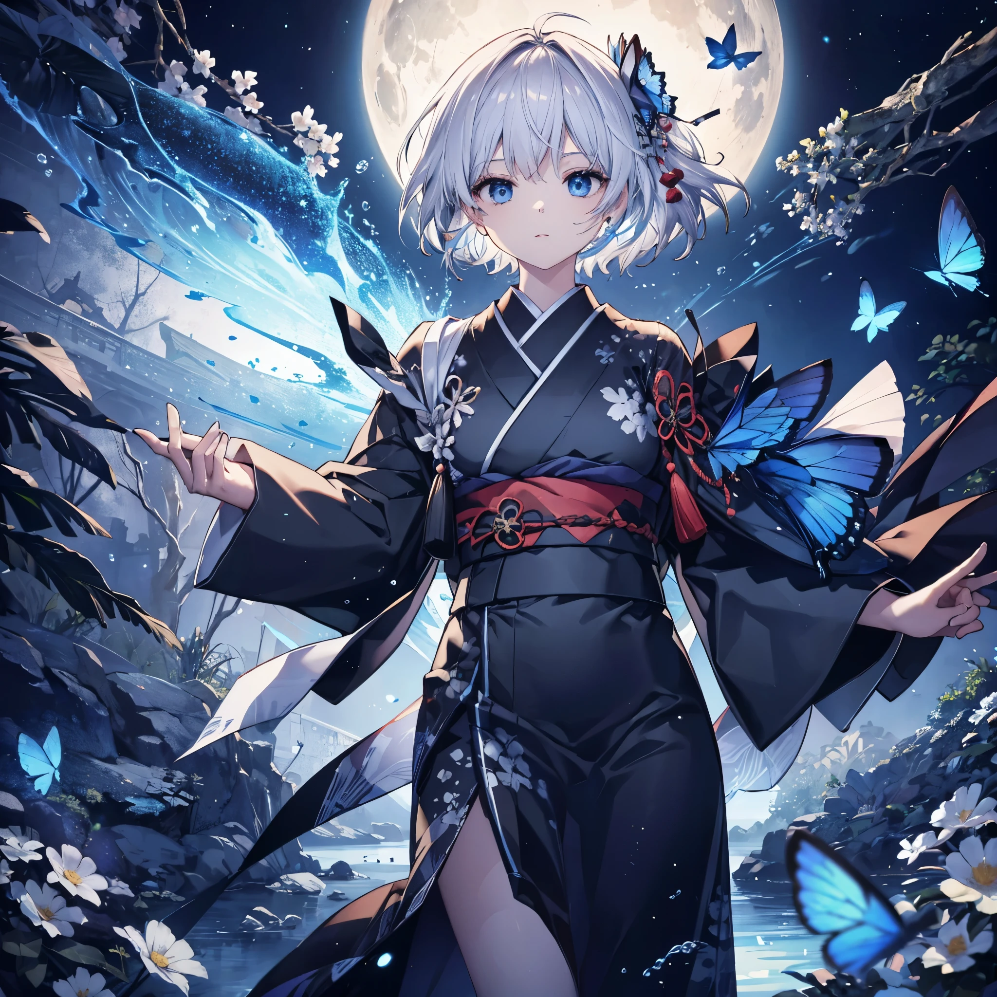 (((1 person)))　((High resolution　Gray Hair　short hair　Black kimono　Shoulder))　((Black Band　military commander　Lonely　despair　blue eyes))　((Blue Butterfly　night　Japanese style　old　Shining Aura　garden　water surface))　(dance　日本knife　knife　Slashing)　moon　star　Draw your sword　Slashing　Catch the wind　