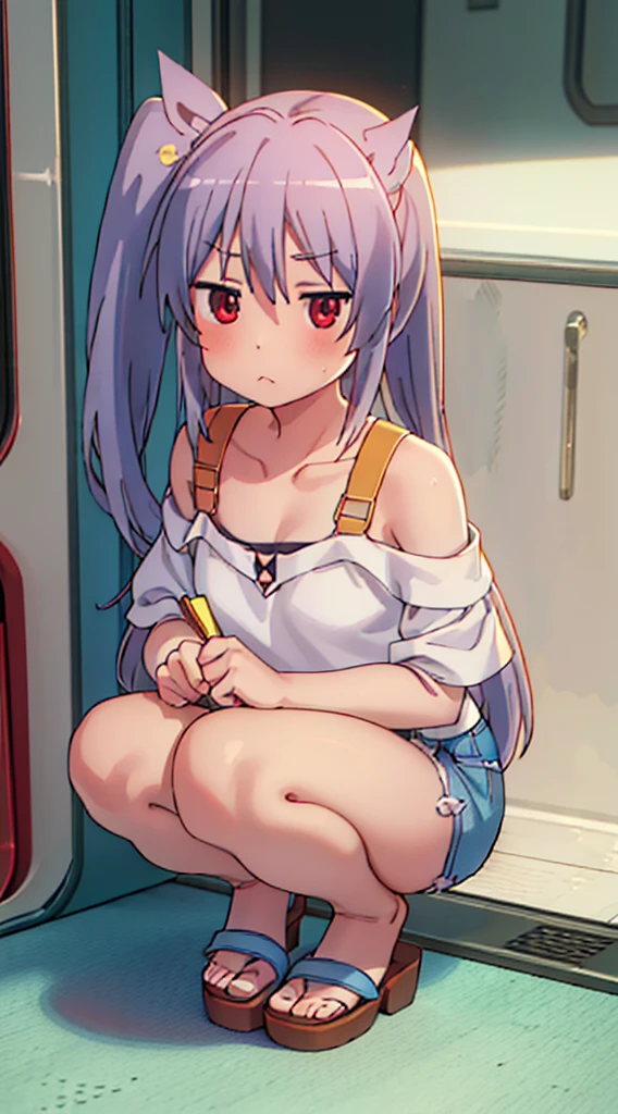 1girl,solo,full body,japanese,young,gyaru,bitch,slut,blonde hair,((white_off-shoulder_short-sleeves_top)),((micro denim shorts)),cleavage,wedgie,flip flops,squatting, (long_skinny_legs),(in front of the closed door inside train),looking at viewer,from above,cold expression,black mouth mask,(((masterpiece))), (((((realistic))))), (((photo realistic))), (((hyper realistic))), (3D), ((best quality)), (((ultra-detailed))), (((super detailed skin))), Oiled_skin / Glistening_skin / High_contrast / Perfect_lighting / etc., shiny skin, "dark skin", "tanned skin", E235, train interior 