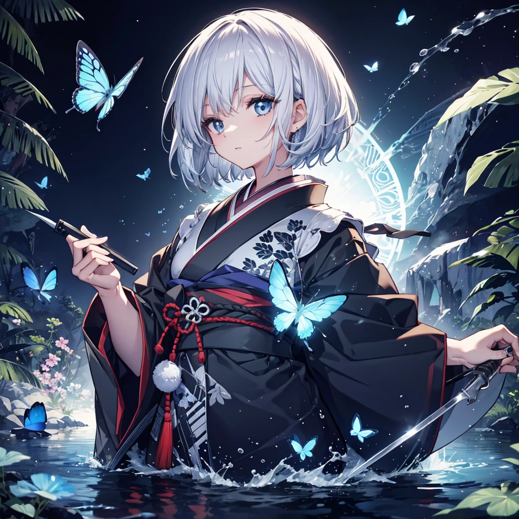 (((1 person)))　((High resolution　Gray Hair　short hair　Black kimono　Shoulder))　((Black Band　military commander　Lonely　despair　blue eyes))　((Blue Butterfly　night　Japanese style　old　Shining Aura　garden　water surface))　(dance　日本knife　knife　Slashing)　moon　star　Draw your sword　Slashing　Catch the wind　