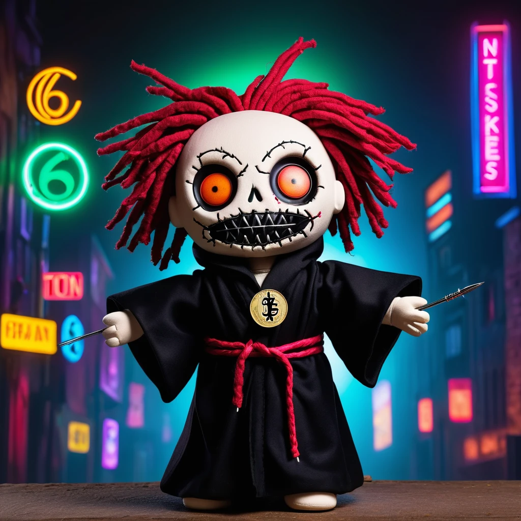 (knitted toy voodoo doll:1.8), (needles stuck into Voodoo:2.0), (logo with number 666:1.9), (eyes glow:1.8), (clothes in a black robe with the logo of the TON coin:1.9), TON coin, (in the background a city in neon color:1.5), gothic horror atmosphere, best quality, masterpiece, detailed soft oil painting, detailed background, dramatic cinematic lighting, soft edge lighting, professional, dramatic lighting, hard edge lighting, ultra quality, 4k, masterpiece, best quality, 8k, ultra high definition, high definition, extremely detailed