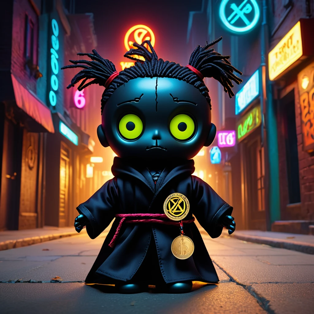 (knitted toy voodoo doll:1.8), (needles stuck into Voodoo:2.0), (logo with number 666:1.9), (eyes glow:1.8), (clothes in a black robe with the logo of the TON coin:1.9), TON coin, (in the background a city in neon color:1.5), gothic horror atmosphere, best quality, masterpiece, detailed soft oil painting, detailed background, dramatic cinematic lighting, soft edge lighting, professional, dramatic lighting, hard edge lighting, ultra quality, 4k, masterpiece, best quality, 8k, ultra high definition, high definition, extremely detailed