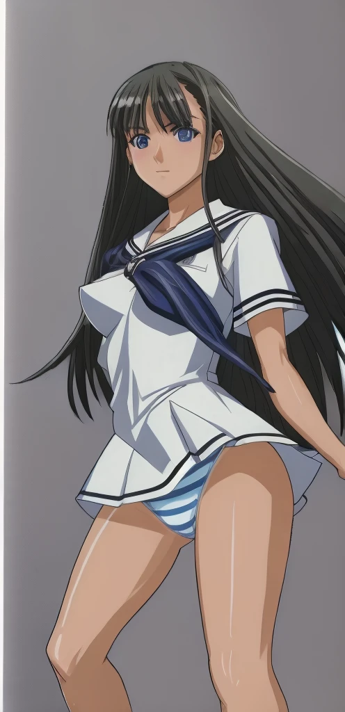Mizushima Asa, a girl with big breasts and beautiful legs, is wearing a miniskirt uniform, her light blue and blue striped panties are visible, and she is standing with her legs spread to the side.。
