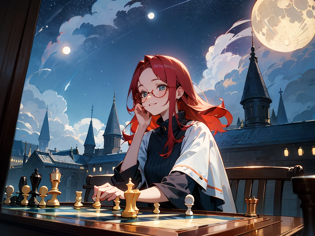 A red-haired woman and a man with glasses are playing chess in a fantastical place under the starry sky　The moon is visible. She looks happy, but has a slightly sad air about her. Late 20s.


