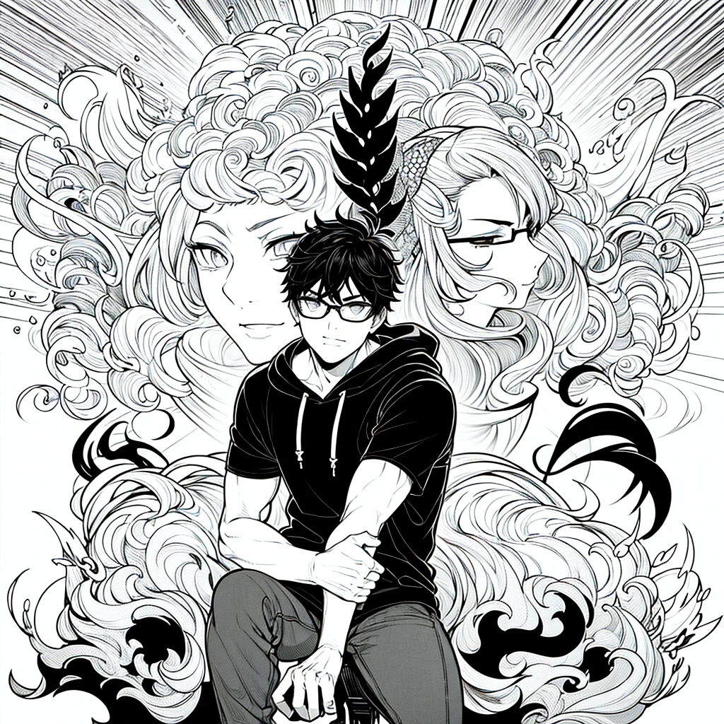 masterpiece, best quality, glasses, man, Serious look, casual hoodie, boy, ( There is only one person ), smile, black flames around