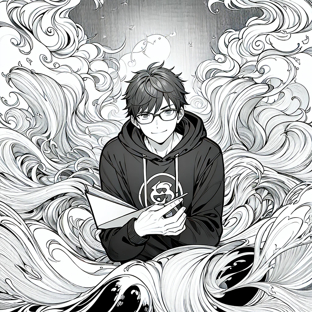 masterpiece, best quality, glasses, man, Serious look, casual hoodie, boy, ( There is only one person ), smile, black flames around