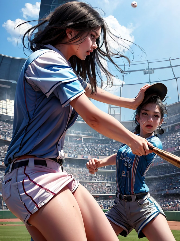 a young woman, wearing a baseball uniform, hit the ball just right, sweating, wearing shorts