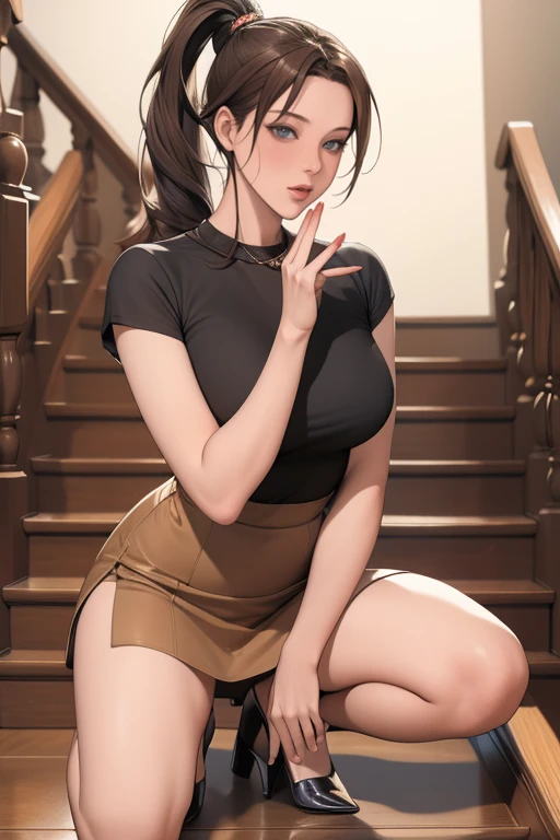 (masterpiece, best quality),A woman in a short skirt and high heels is sitting on the stairs, Mature Woman,23 years old, Woman squatting, Beautiful woman squatting, Captivating woman, ponytail,Brown Hair,Long-haired woman, chic, Trending on cg station, Surreal , H Style,