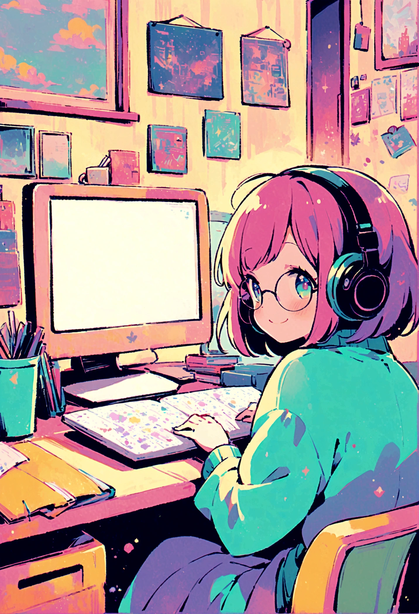 Girl working on a PC,Lo-fi atmosphere,Quiet and relaxing environment,Cozy rooms with warm lighting,Illustration in vintage style,Soft and calming colors,Cute anime style characters,Modern monitor and keyboard,Over-Ear Headphones,Coffee Mugs,Bob hair and round glasses,smile with rosy cheeks,A keyboard with colorful keycaps,Potted plant on the desk,fairy lights on background,Artistic posters on the wall,Soft sunlight streaming through the window,Quiet and peaceful environment,Stimulating and creative atmosphere,Retro aesthetic vibe,Relaxing music playing in the background,Comfortable chair and ergonomic setup,A desk covered with artistic notebooks and stationery,Stylish and unique desktop wallpapers,A bookshelf filled with books and records,A unique creative workspace,neatly organized desk,Inspirational quotes on the wall,A soothing lavender scented candle,Cheerful and cheerful personality,Positive and focused mindset,Expression of joy and satisfaction,Beautiful and delicate eyes and lips,feel happy and productive,Increase motivation to complete tasks,Attention to detail in every stroke,Imagination and creativity in her work,An artistic atmosphere that inspires others.