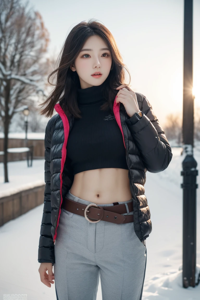 girl in winter scene, Short down jacket,Sexy abs,Low-rise pants, Metal belt,cowboy shot, The abdomen is completely exposed, Detailed facial features, beautiful eyes, Lips, and long eyelashes, Reality, 8K, Very detailed, Studio Lighting, Dramatic Lighting, Vibrant colors, work, Cold winter atmosphere