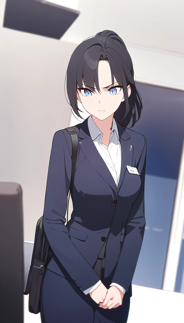 (masterpiece, high quality, best quality, highres,) One Woman, young, black hair, ponytail, Blue Eyes, Athletic build, serious, closed mouth, shirt, office staff suit, Simple, white background, standing, cowboy shot, (shoot from front),